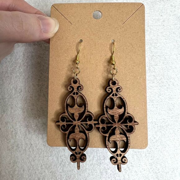 Wooden Victorian Geometric Cutout Earrings - Picture 2 of 3